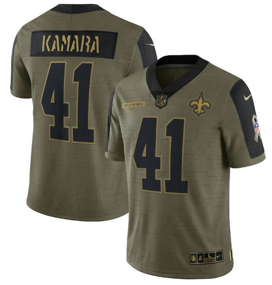 Men's New Orleans Saints #41 Alvin Kamara 2021 Olive Salute To Service Limited Stitched Jersey Men's New Orleans Saints #41 Alvin Kamara 2021 Olive Salute To Service Limited Stitched Jersey
